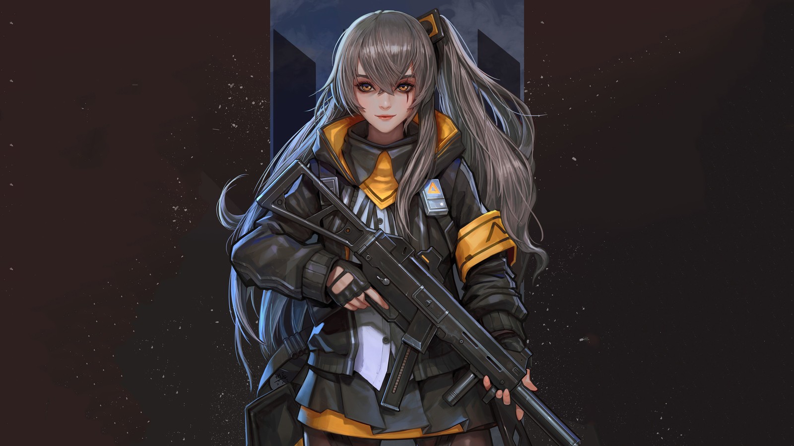 Une femme avec une arme et un casque se tenant devant une fenêtre (anime, girls frontline, jeu vidéo, ump45, armes)