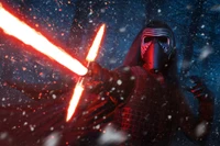 Kylo Ren empunhando um sabre de luz vermelho em um cenário de floresta nevada.