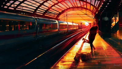 Adieu romantique dans une gare vibrante au coucher du soleil