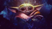 Obra de arte encantadora de Baby Yoda en un paisaje cósmico