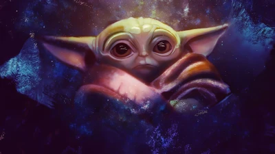 Obra de arte encantadora do Baby Yoda em uma paisagem cósmica