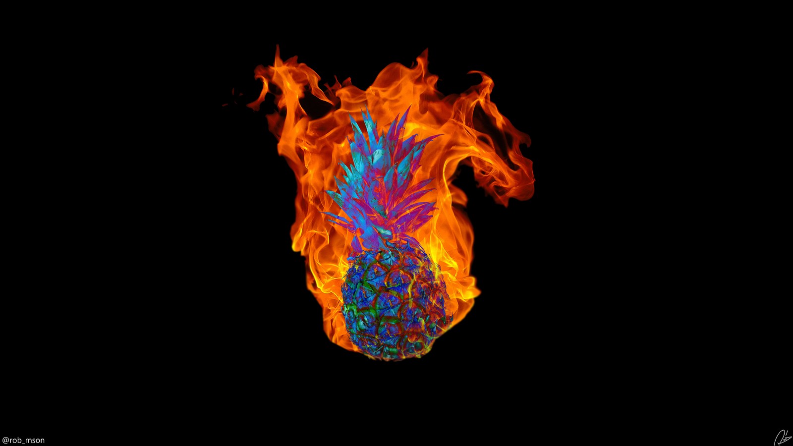 A close up of a pineapple on fire on a black background (amber, art, heat, gas, electric blue)