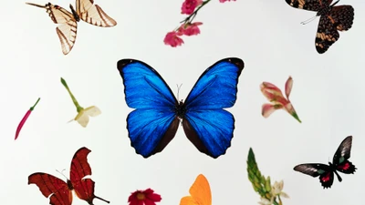 Colorful Butterflies Amidst Floral Accents on a White Background