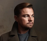 Leonardo DiCaprio in einem stilvollen Mantel, der einen nachdenklichen Ausdruck vor einem gedämpften Hintergrund zeigt.