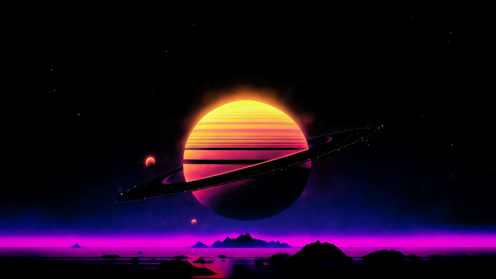 synthwave, retrowave, planet, saturn, digital art wallpaper