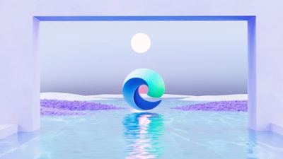 Paysage surréaliste avec le logo de Microsoft Edge sous un ciel éclairé par la lune