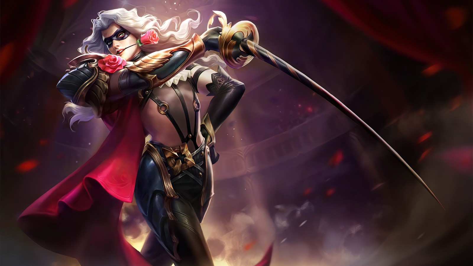 Une femme en manteau rouge tenant une épée et une épée (lancelot, chevalier masqué, peau, mobile legends, bang bang)