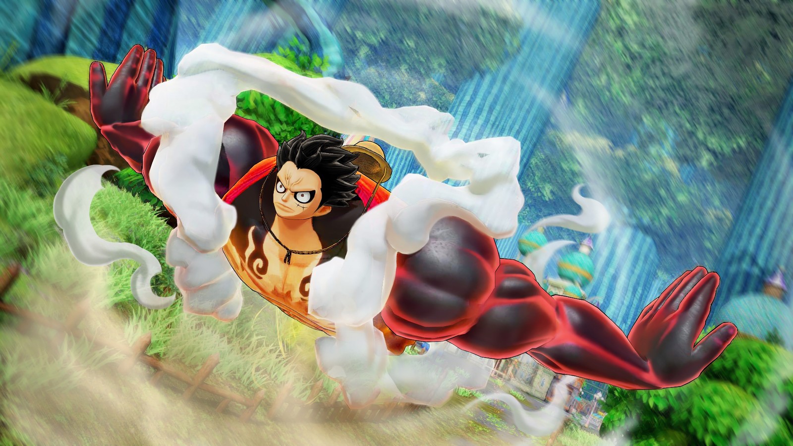 Personaje de anime en una pose de salto con un fondo de árboles (monkey d luffy, gear fourth, boundman, one piece pirate warriors 4, videojuego)