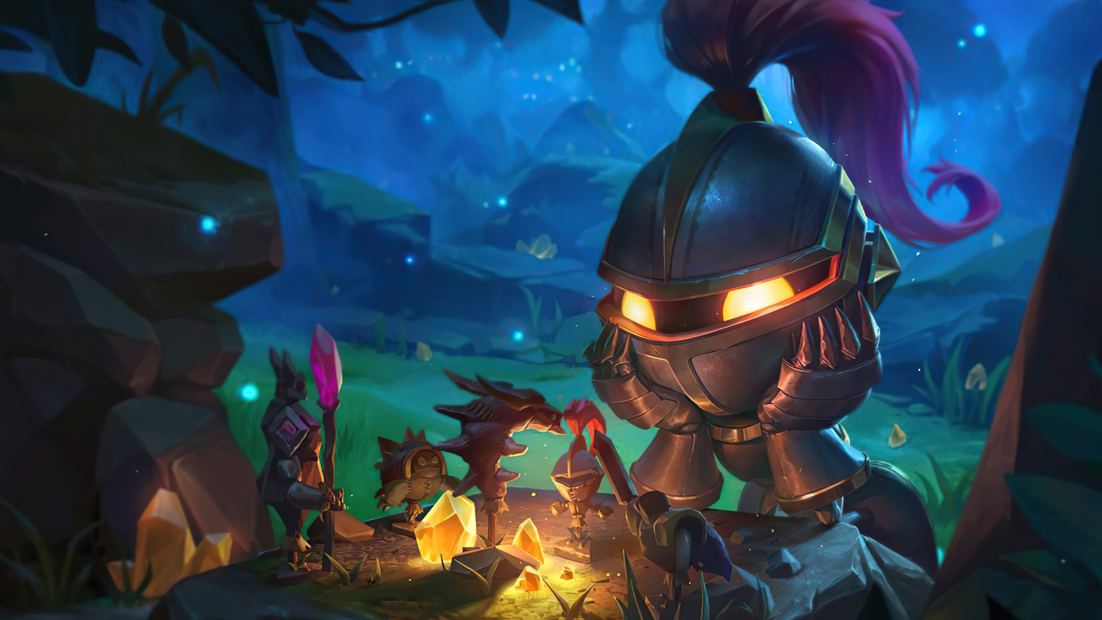 Uma captura de tela de um cavaleiro em um capacete e armadura com fogo (teamfight tactics, tft, amumu, lol, league of legends)