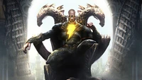 Dwayne Johnson as Black Adam, seated on a throne with a striking lightning emblem, surrounded by mythical dragon-like figures.