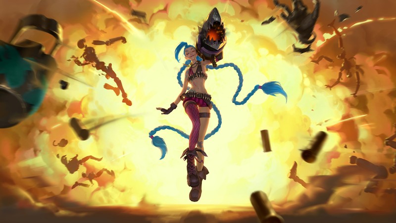 Женщина в бикини и шляпе летит в воздухе (джинкс, jinx, lol, league of legends, legends of runeterra)