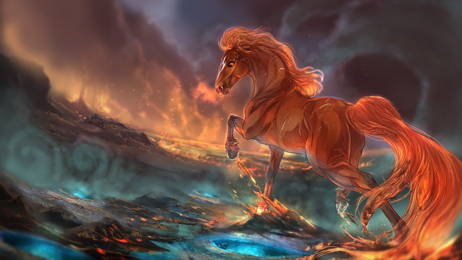 Horse running in the water with a fire in its mouth (fantasy, mythology, mythical creature, canter and gallop, grey)