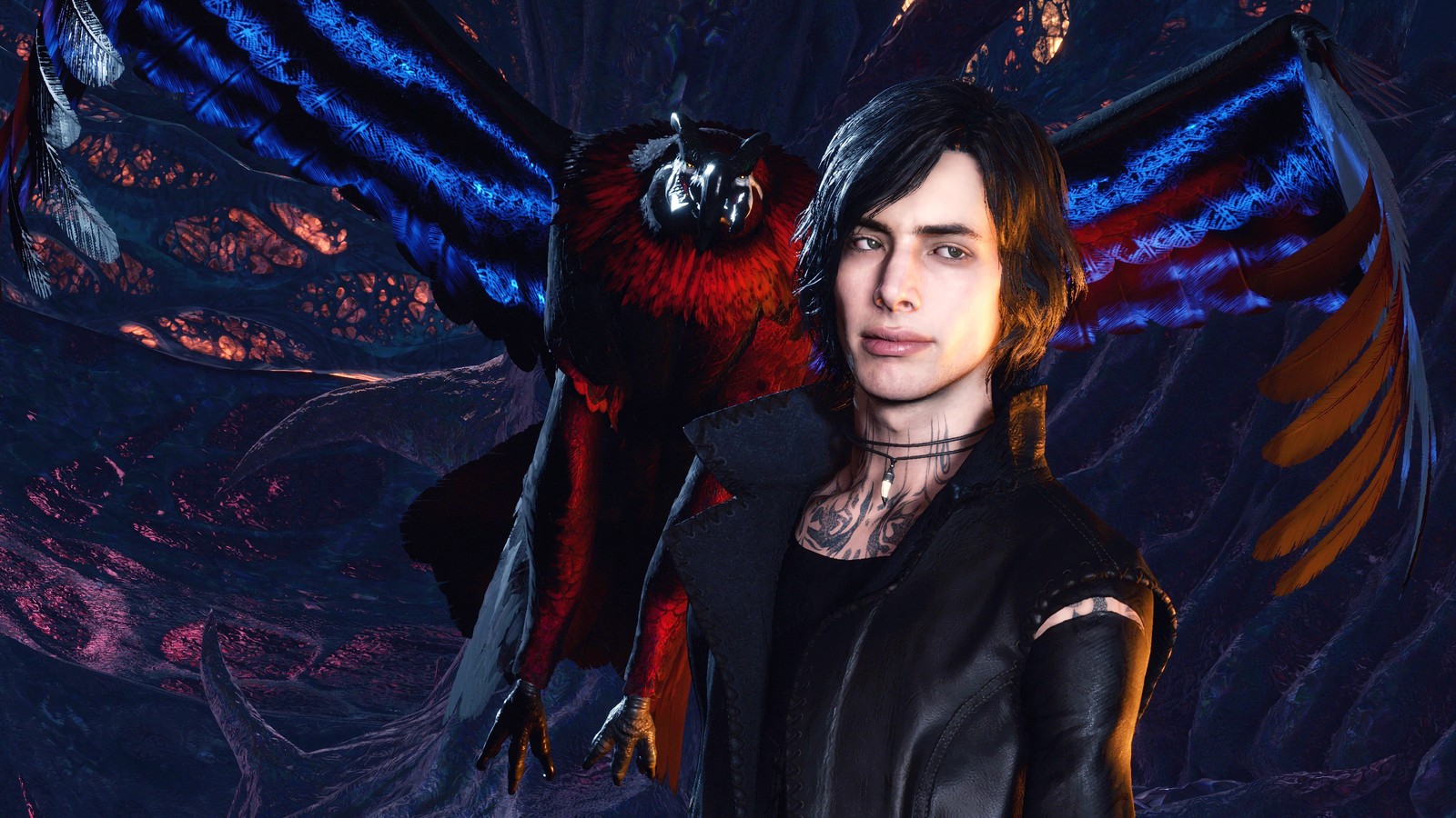 Um close de uma pessoa com um pássaro no ombro (devil may cry 5, jogo de vídeo, v)