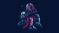 Iconic Sith Lords in Electric Hues Against a Cosmic Backdrop