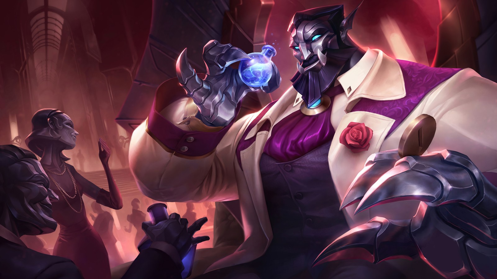 A man in a suit holding a crystal ball in his hand (debonair, galio, skin, splash art, lol)