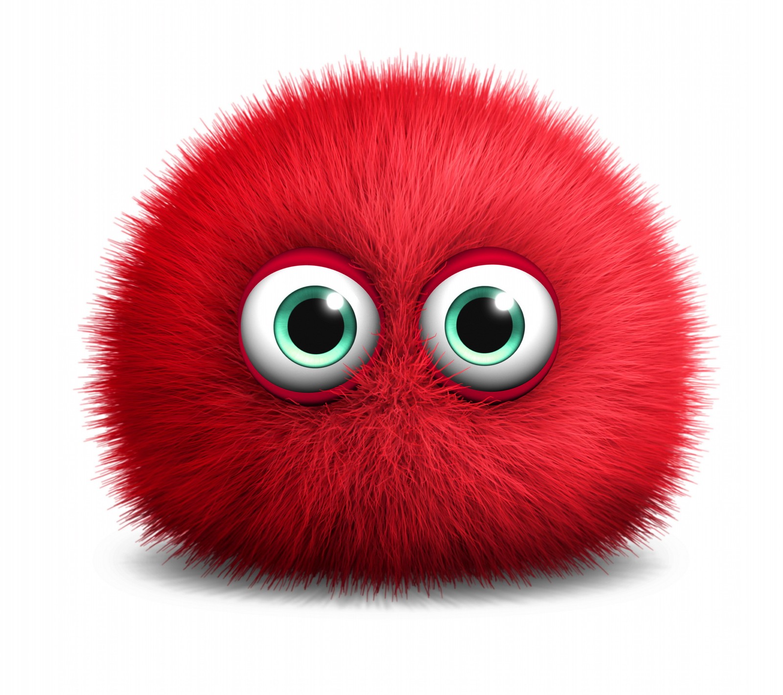 A close up of a red furry ball with big eyes (3 d monster background, cute fluffy red)