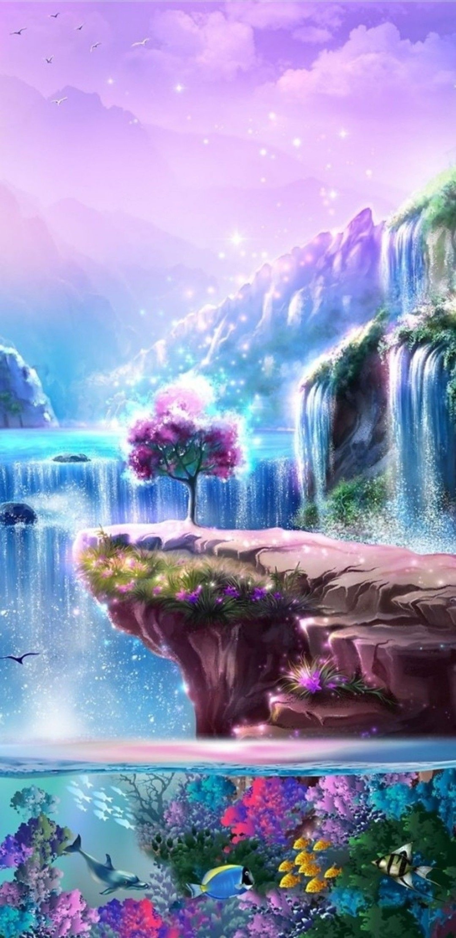 A painting of a waterfall with a waterfall in the middle (beautiful, colourful, fish, pretty, waterfall)