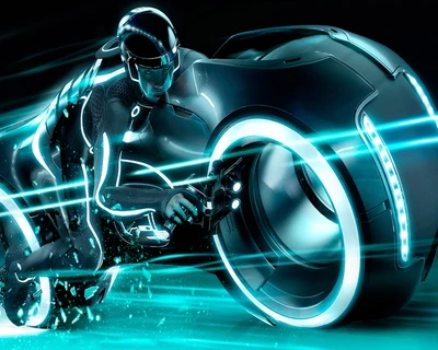 Motociclista futurista em uma motocicleta elegante iluminada por neon, inspirado na estética de TRON.