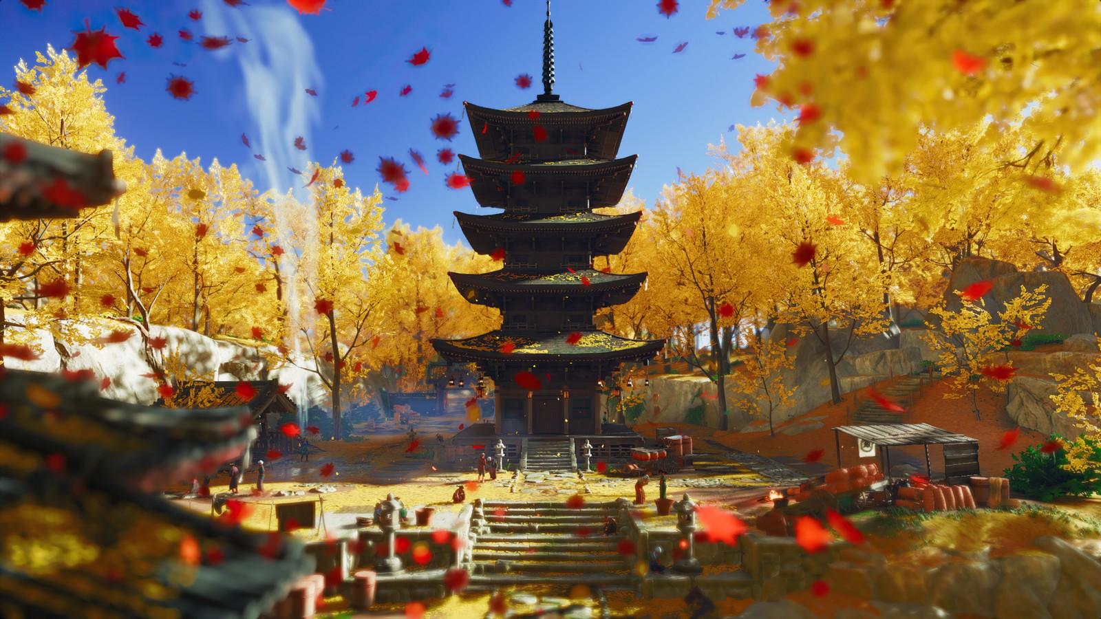 A screenshot of a pagoda surrounded by autumn leaves (ghost of tsushima, video game, japanese, castle, forest)