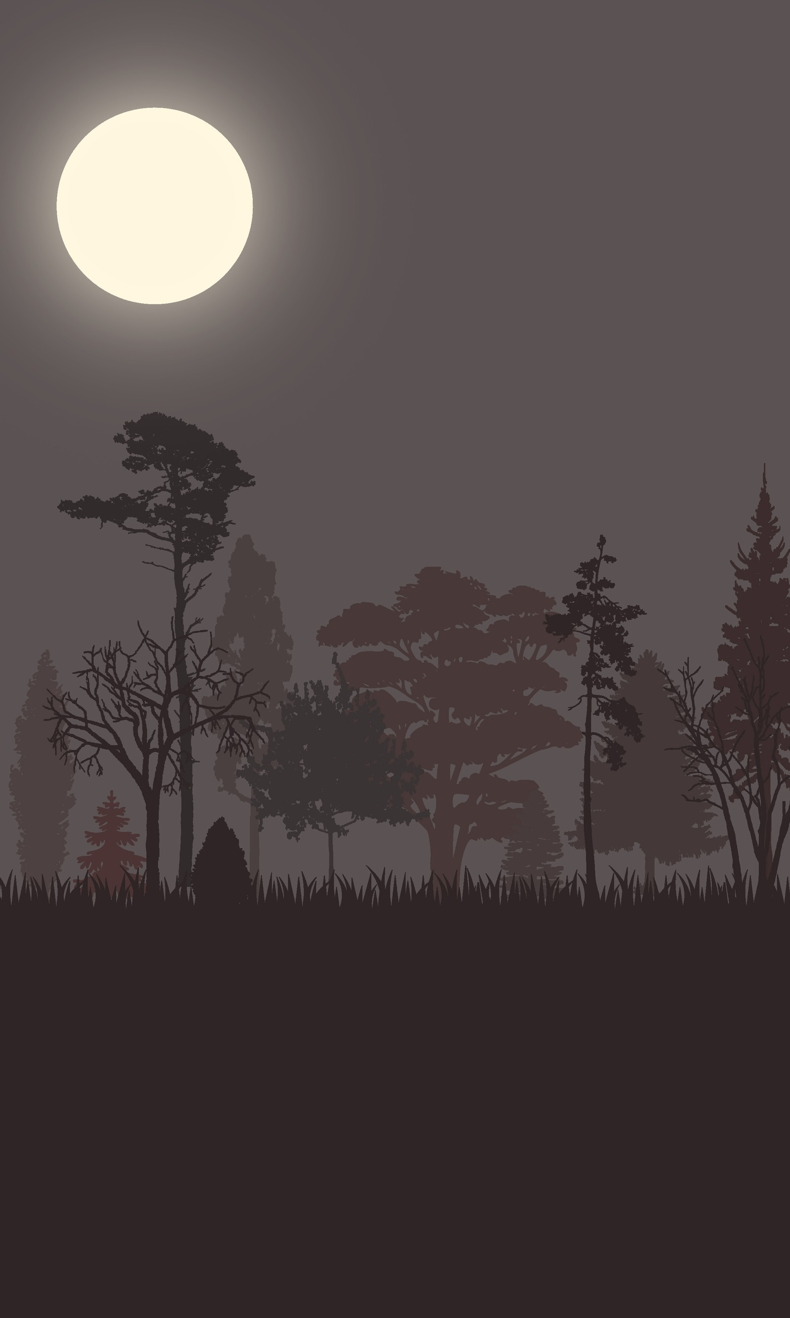 There is a silhouette of a forest with a full moon in the background (brown, forest, moon, trees)