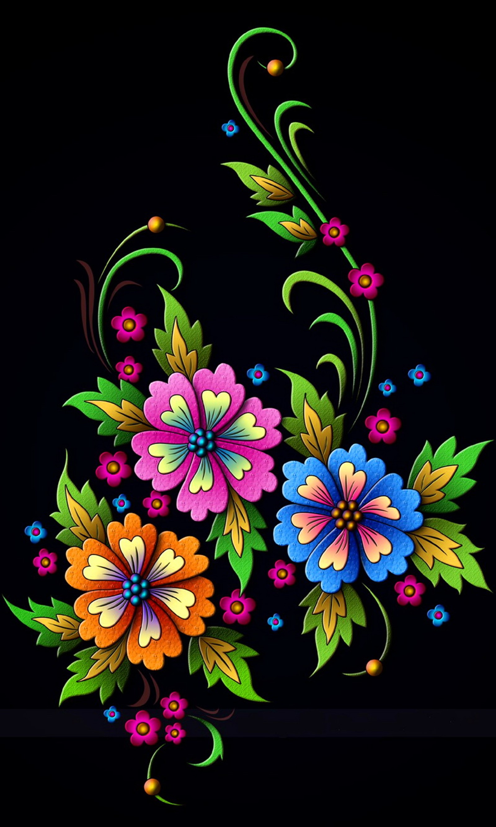 Gros plan d'un motif floral coloré sur fond noir (abstrait, coloré, couleurs, floraux, fleurs)