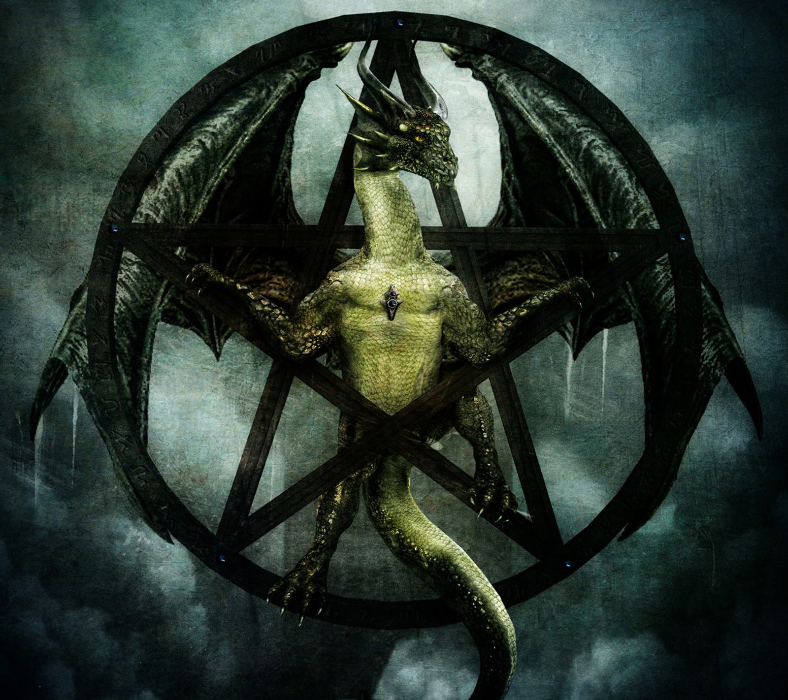 A close up of a dragon with a pentagram in the background (dark, dragon, drake, lizard, ophidian)