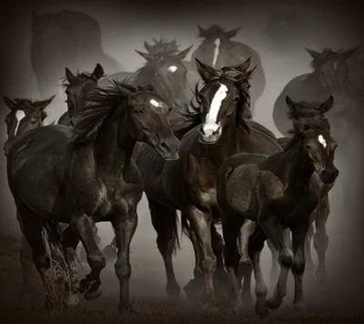 Majestic Herd of Galloping Horses in Misty Landscape