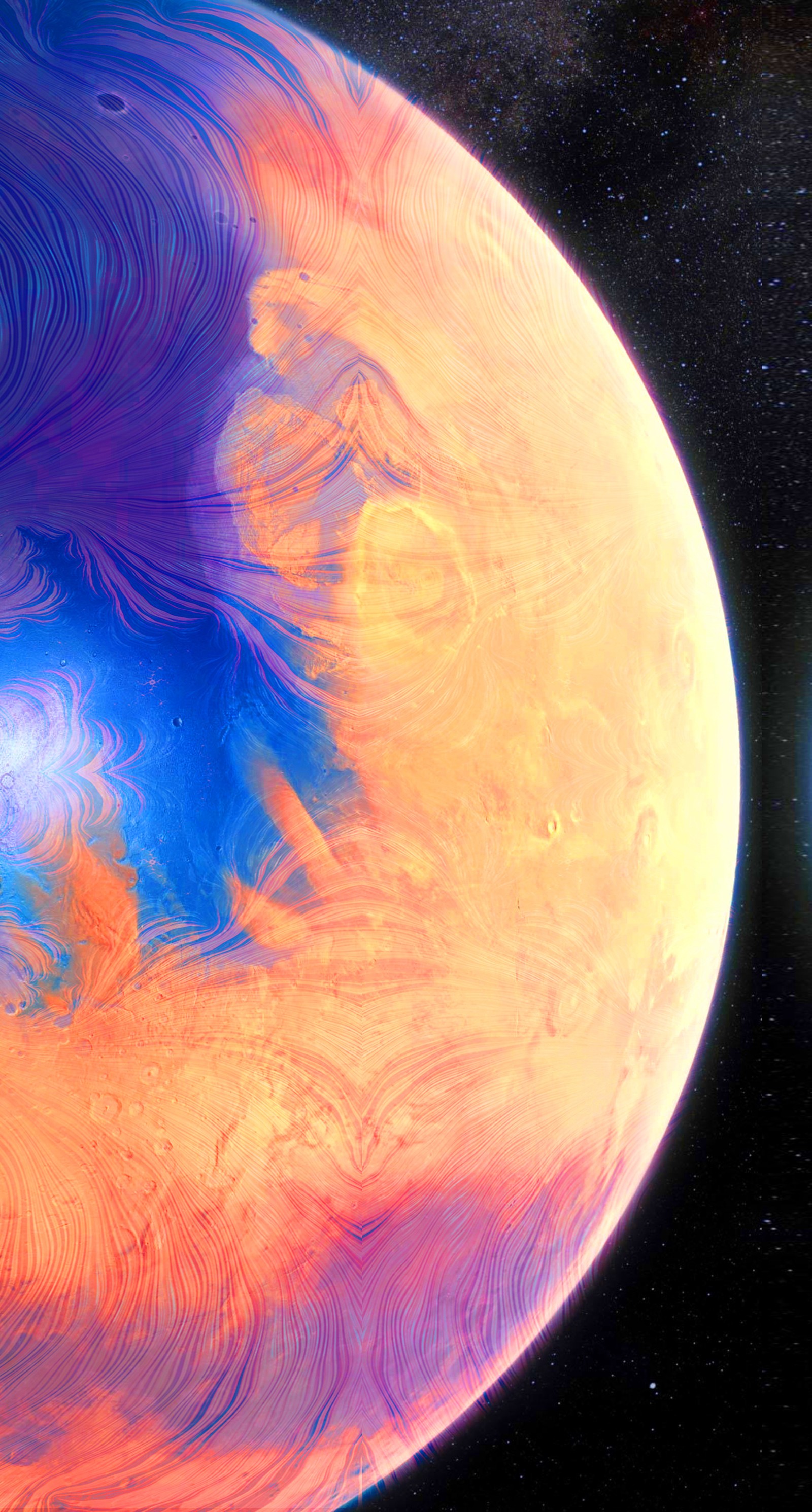 Eine nahaufnahme eines planeten mit einem hellblauen und orangefarbenen wirbel (raum, universum, hd, regenbogen, erdbeben)