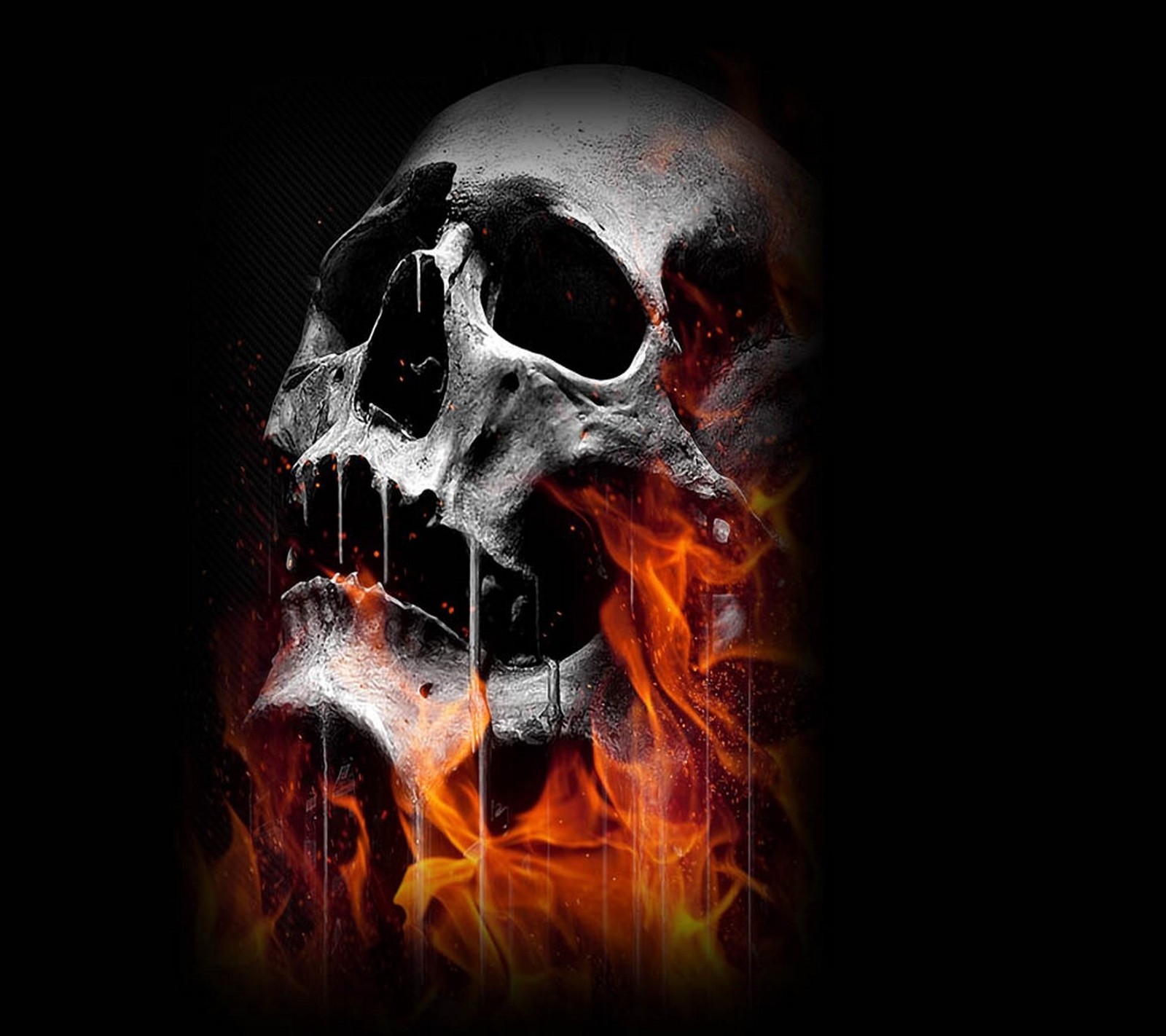 A close up of a skull with flames on a black background (fire, skull)