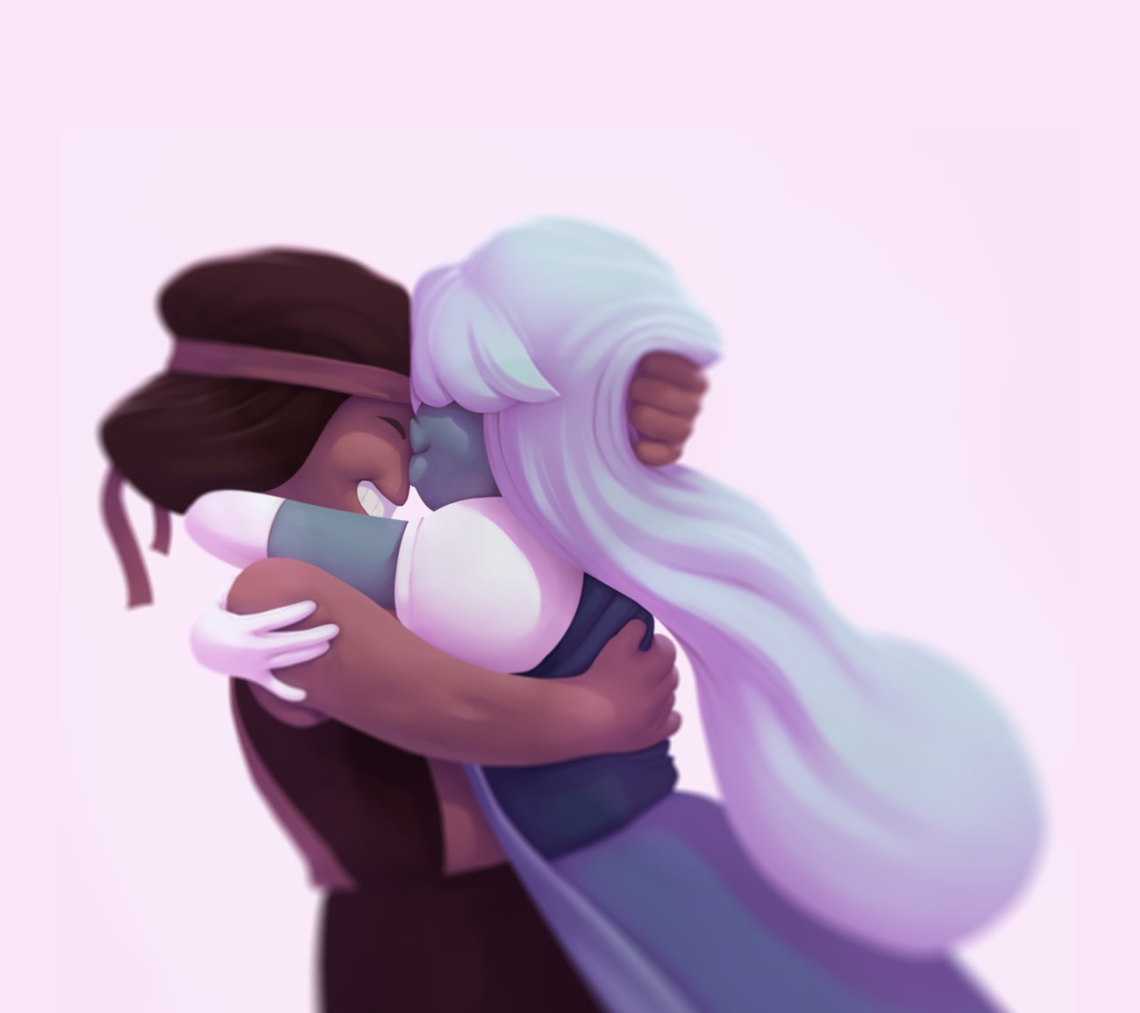 There is a woman hugging a man with a baby in her arms (crystal, gems, hug, love, ruby)