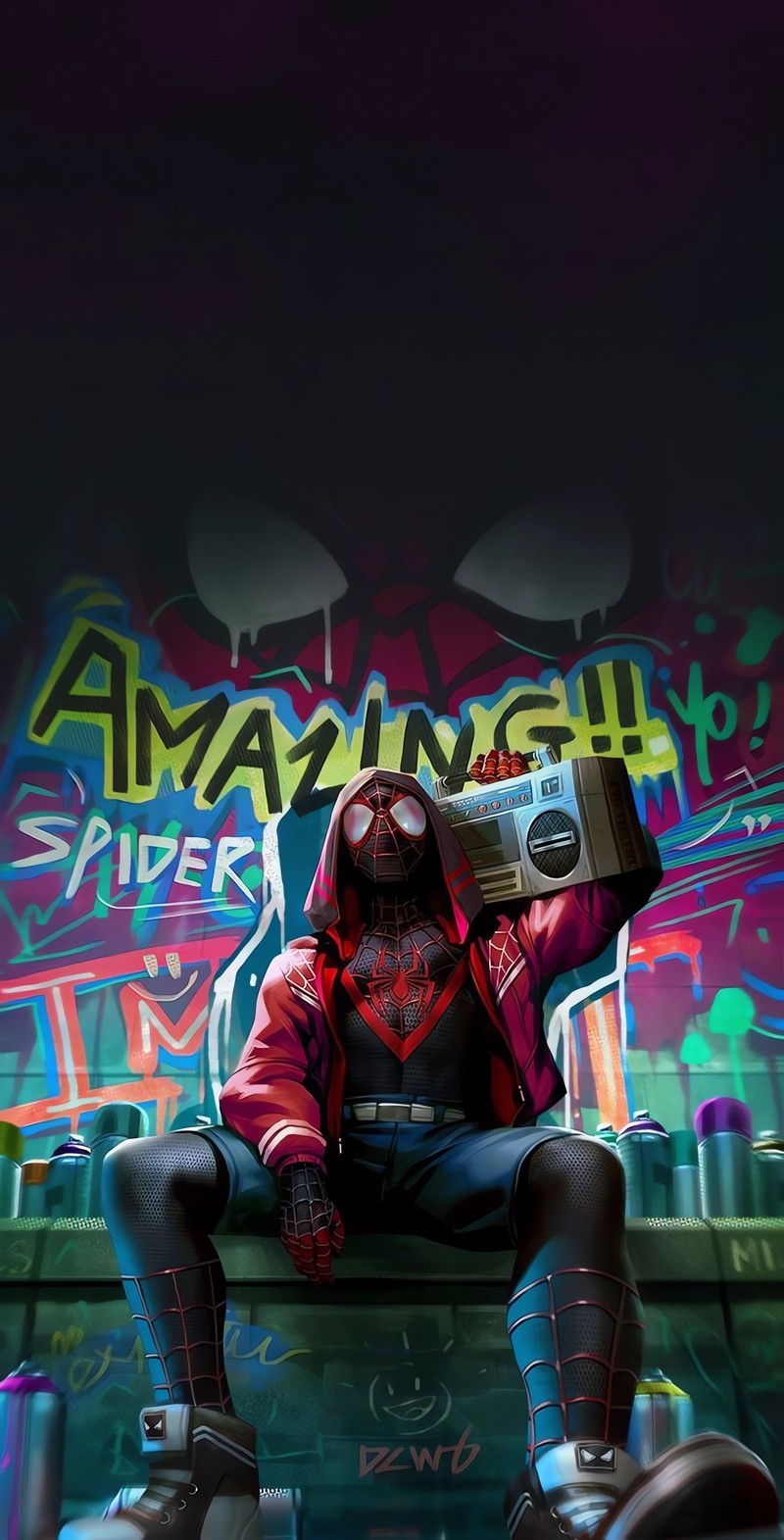 Spider-man sitzt auf einer bank mit einem boombox in der hand (miles morales, spider man, marvel comics, comic, comics)