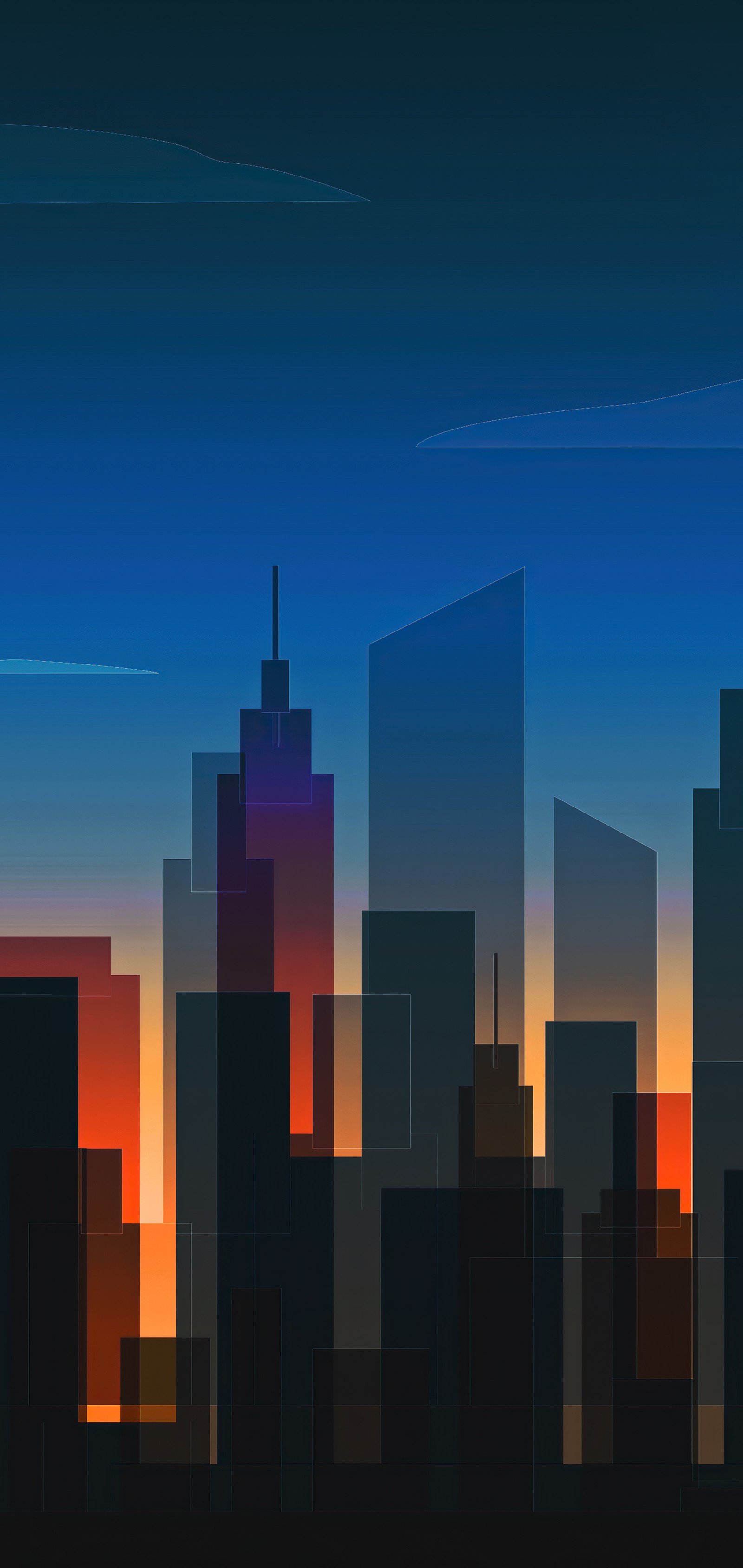 Skyline d'une ville avec un avion survolant au coucher du soleil (horizon, gratte ciel, atmosphère, bâtiment, rectangle)