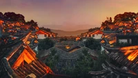 Paysage serein d'une soirée dans un village montagneux en Chine