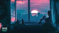 Silhouetted Figure and Cat at Sunset Over a Cityscape