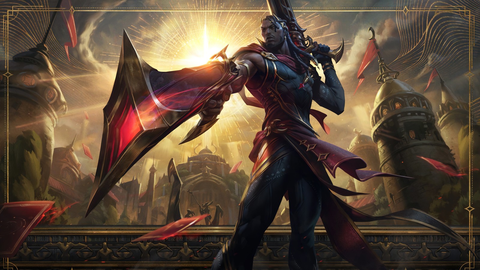 A man in a red coat holding a sword and a sword (arcana, lucian, skin, splash art, lol)