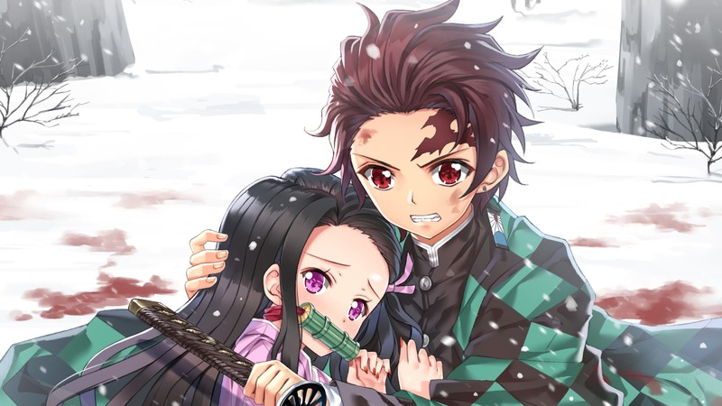 Аниме пара, обнимающаяся в снегу с ножом в руке (tanjirou kamado, nezuko kamado, kimetsu no yaiba, убийца демонов кимэцу но яиба, demon slayer kimetsu no yaiba)