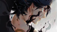 Asta de Black Clover, représenté avec des éléments sombres et fluides et une expression intense.