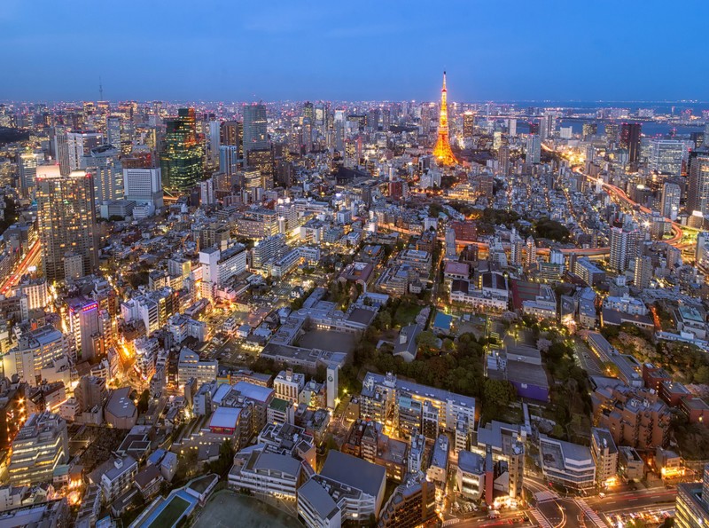 Вид на город ночью с большой башней вдалеке (токио, tokyo, город, городской пейзаж, городская территория)