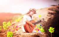 Alegría iluminada por el sol: una niña tocando la guitarra entre coloridos molinillos