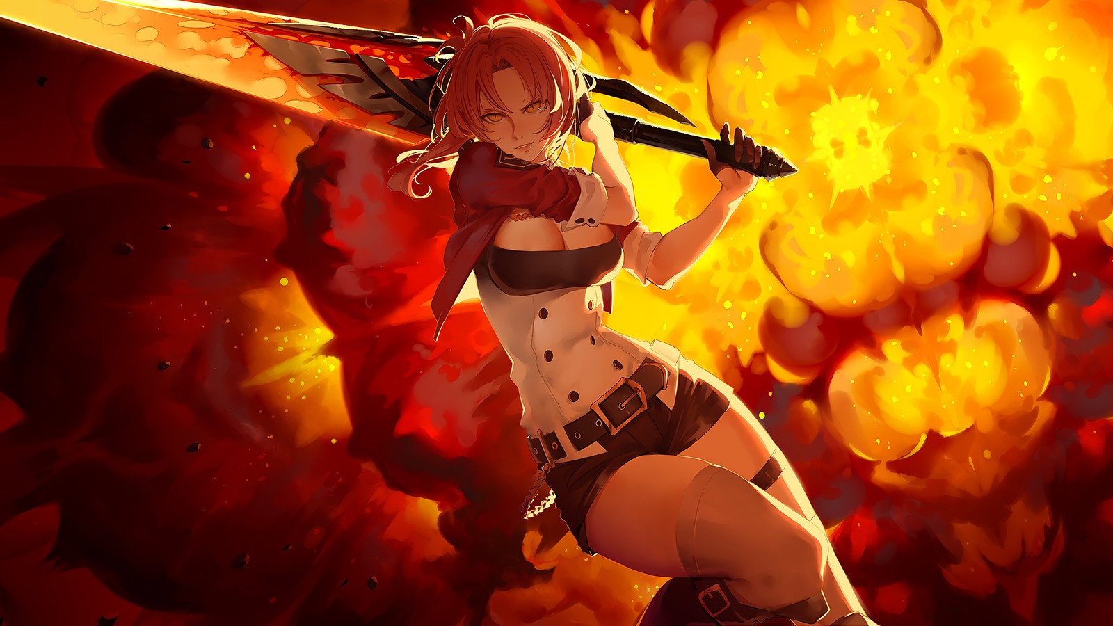 Une femme en jupe courte tenant une épée devant un feu (filles danime, anime, épée, explosion, murata himeko)