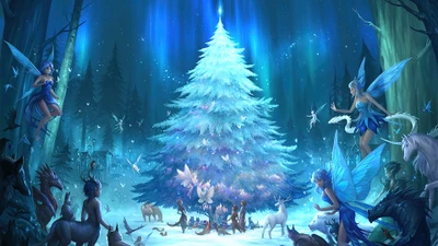 Enchanted Christmas Forest with Fairies and a Glowing Tree