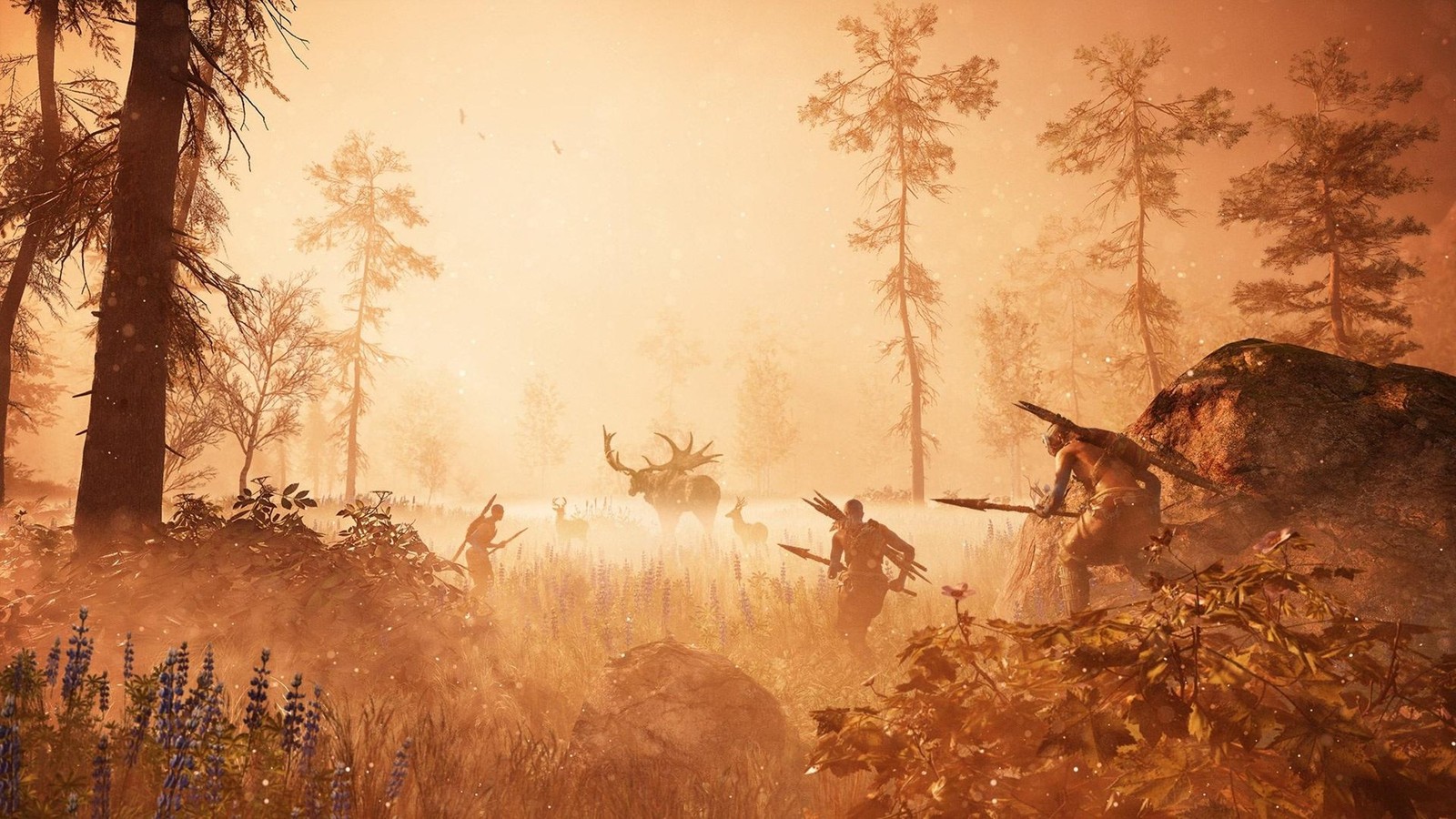 A group of deer in a misty forest with trees and bushes (far cry primal, far cry 4, ubisoft, morning, grass family)