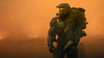 Master Chief carrega um camarada caído através de uma paisagem devastada pela guerra, personificando coragem e sacrifício na série Halo.