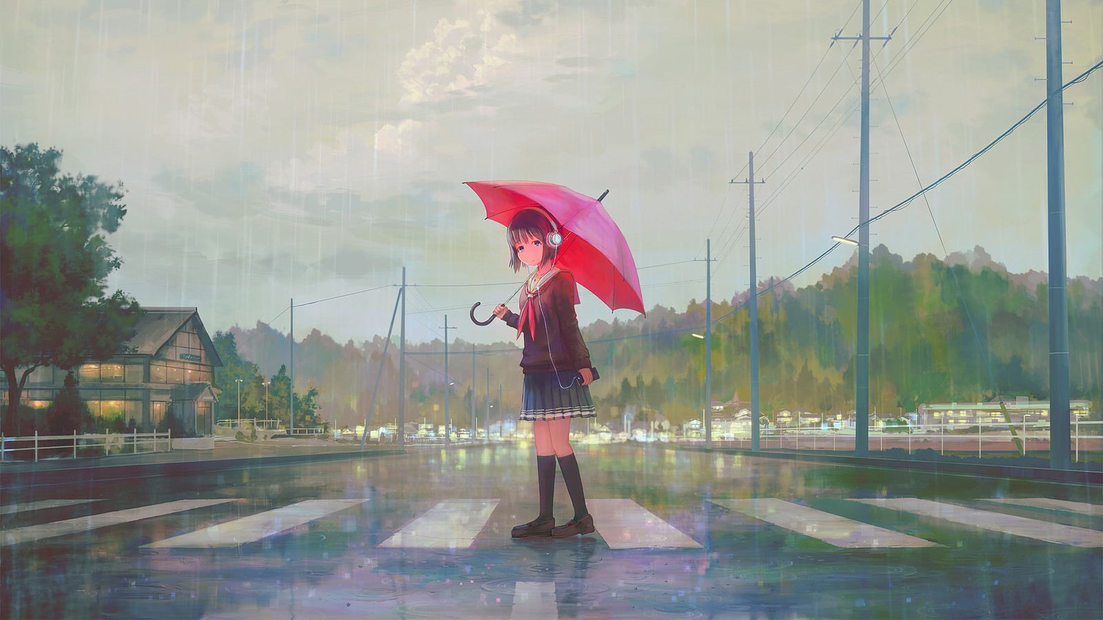 Anime-mädchen mit regenschirm überquert die straße im regen (anime mädchen, anime, schule, mädchen, student)