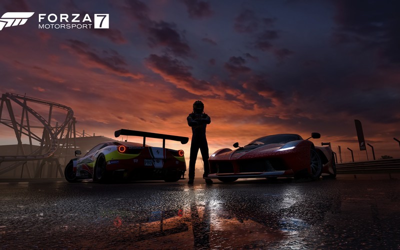 Скриншот forza motorsport 2 с двумя машинами на заднем плане (суперкар, гоночный автомобиль, forza motorsport 7, гонки видеоигра, гонки)