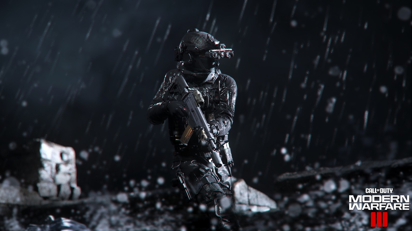 A soldier in a black uniform standing in the rain (call of duty modern warfare 3, campaign, soldier, task force 141, gameplay)