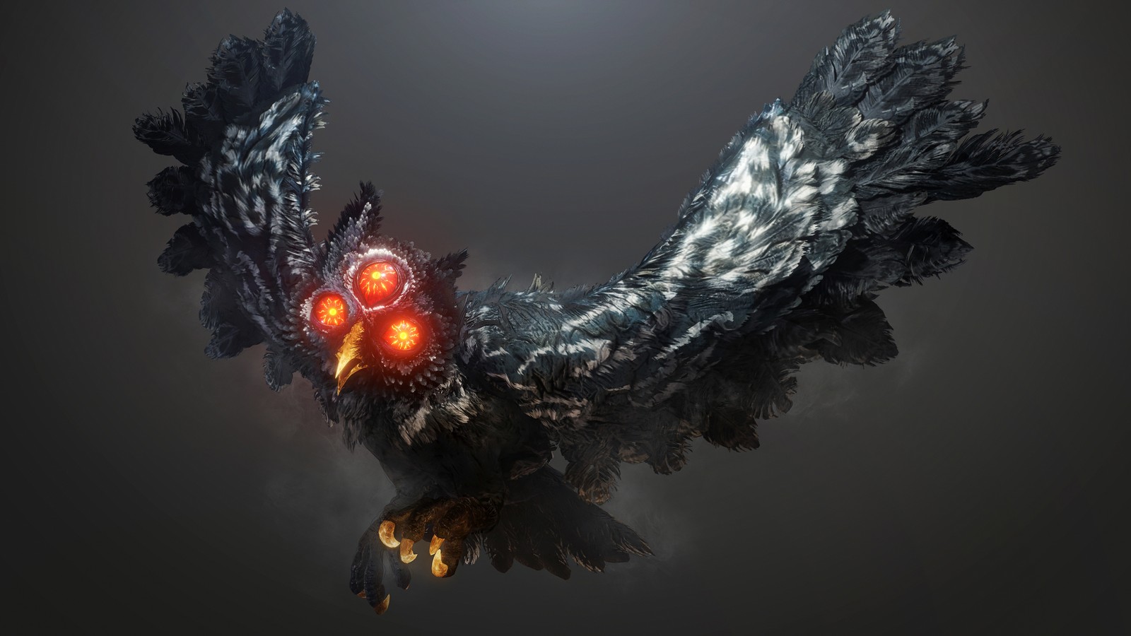 A close up of a bird with a glowing eye on it's wings (nioh 2, video game, yokai)