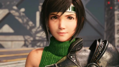 Yuffie Kisaragi de Final Fantasy VII Remake Intergrade: Uma guerreira confiante em um suéter de gola alta verde.