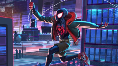 Miles Morales en tant que Spider-Man saute à travers un paysage urbain vibrant, montrant une action dynamique et un flair artistique dans une performance sur le thème des super-héros.