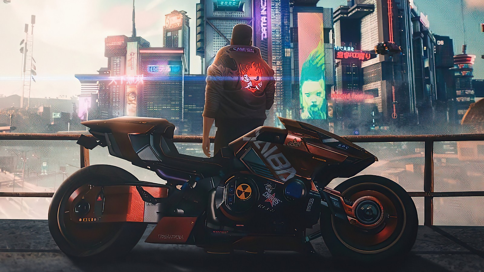 Cena de cidade cibernética com um homem em pé ao lado de uma motocicleta (cyberpunk 2077, jogo de vídeo, v, jaqueta samurai)